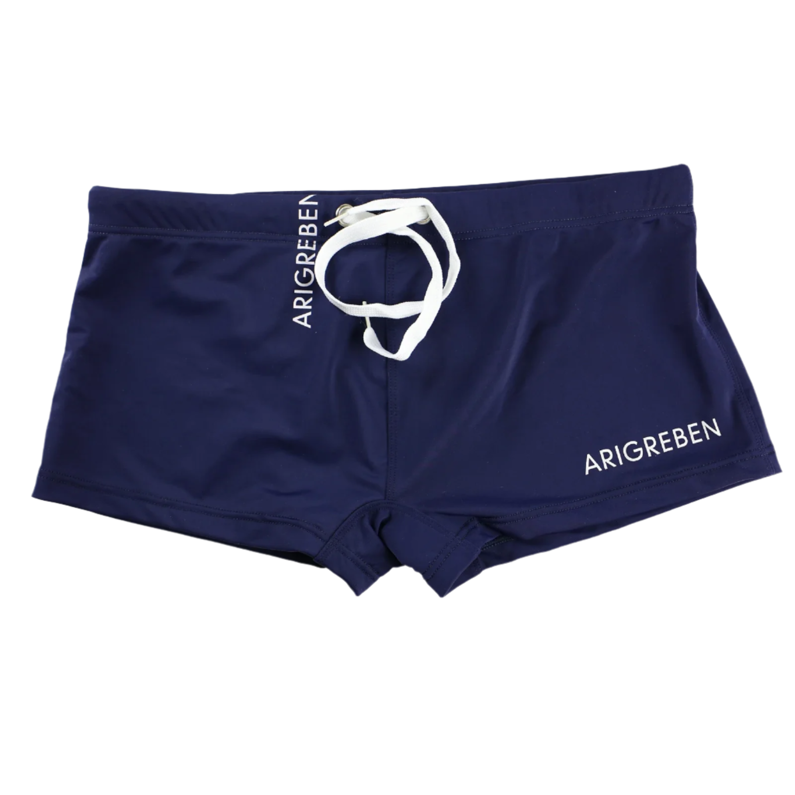 swim trunks with white drawstring and 'ARIGREBEN' branding