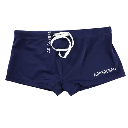 swim trunks with white drawstring and 'ARIGREBEN' branding