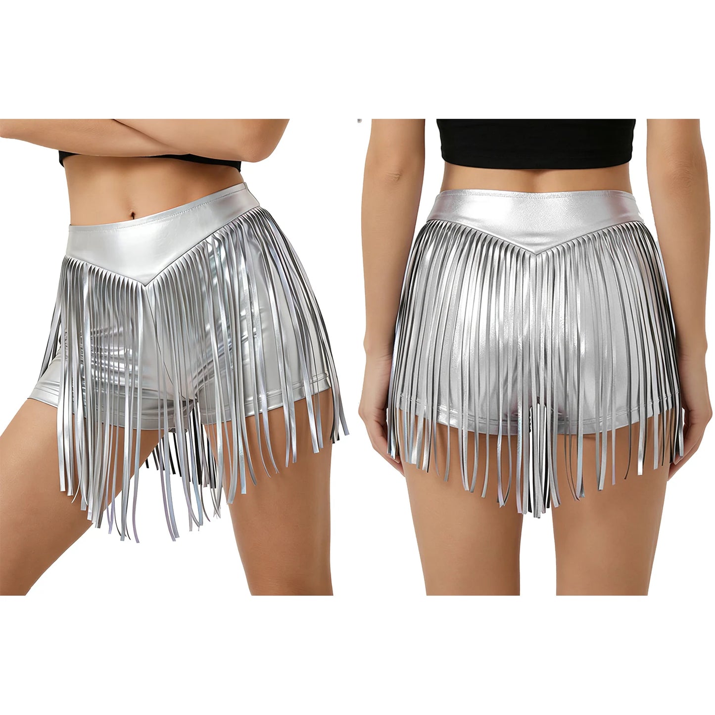 Women Iridescent Metallic Hot Pants with Fringed High Waist Tassel Skirted Shorts Cheeky Shorts Stage Dance Jazz Rock Clubwear