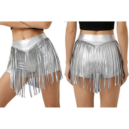 Women Iridescent Metallic Hot Pants with Fringed High Waist Tassel Skirted Shorts Cheeky Shorts Stage Dance Jazz Rock Clubwear