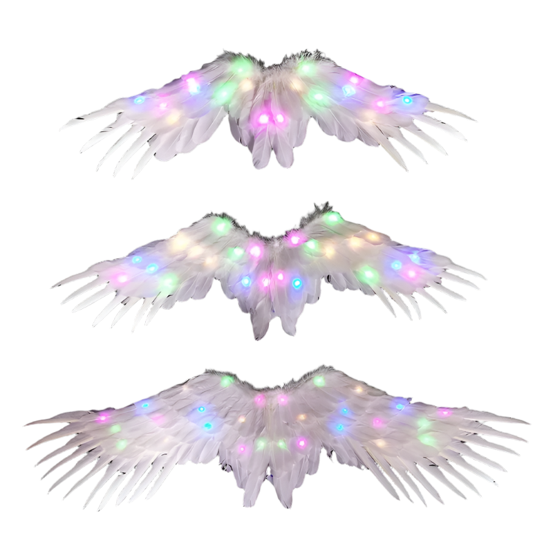 LED Angel Wings: White feathered wings adorned with LED lights in various colors, creating a magical and ethereal appearance.

