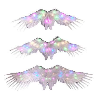 LED Angel Wings: White feathered wings adorned with LED lights in various colors, creating a magical and ethereal appearance.

