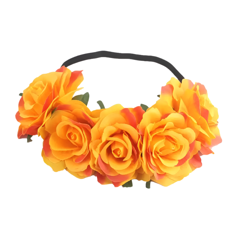 A floral headband featuring large, vibrant roses. The design is bold and romantic, perfect for a bohemian or festival look.