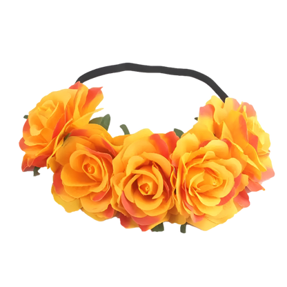 A floral headband featuring large, vibrant roses. The design is bold and romantic, perfect for a bohemian or festival look.