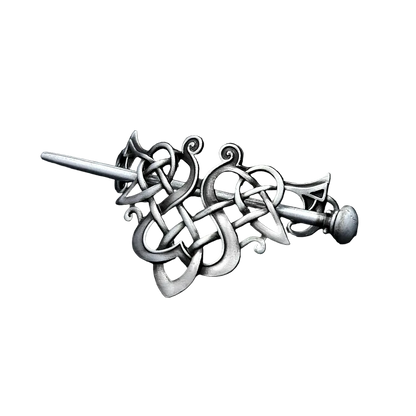 Silver hairpin with intricate design on a black leather background