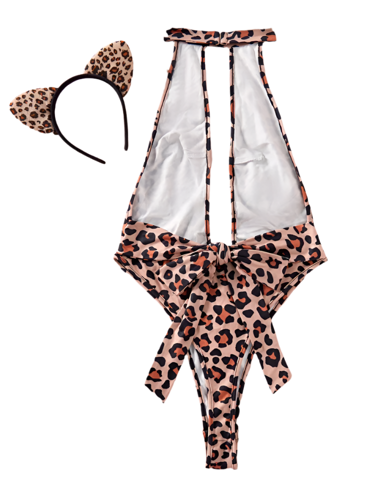 Sexy Leopard Print Halter Bodysuit with flattering neckline for resort theme nights