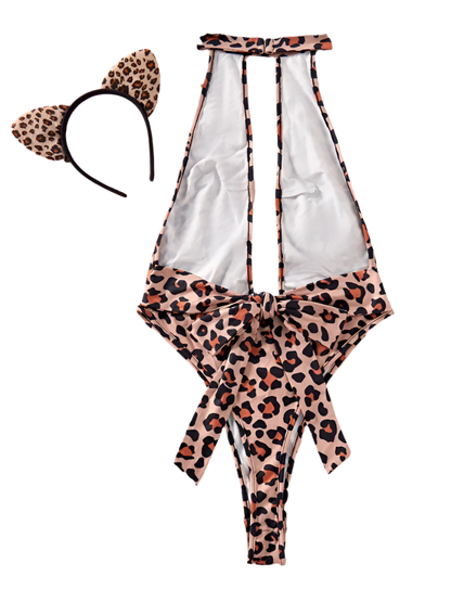 Sexy Leopard Print Halter Bodysuit with flattering neckline for resort theme nights