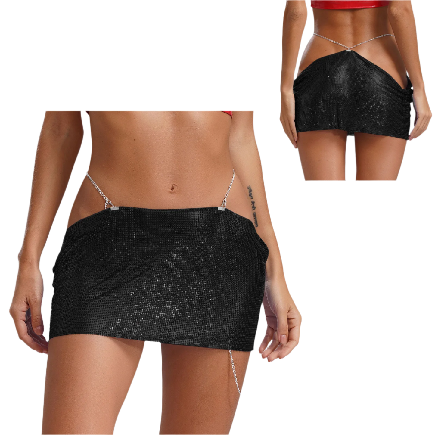 Seductive sparkly sequin mini skirt with edgy metal chain waistband and low-rise cut for nightclub and rave wear

