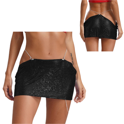 Seductive sparkly sequin mini skirt with edgy metal chain waistband and low-rise cut for nightclub and rave wear

