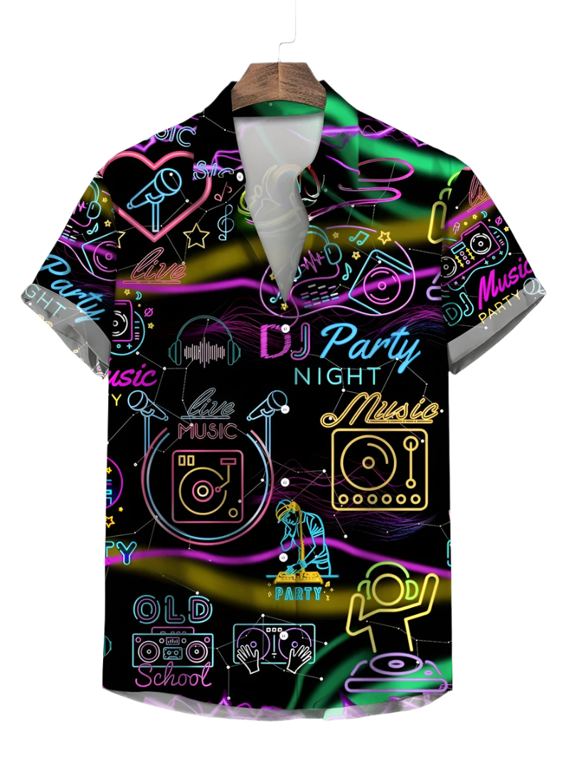 Neon-themed shirt with music and DJ graphics on a hanger