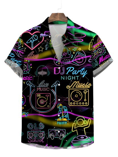Neon-themed shirt with music and DJ graphics on a hanger