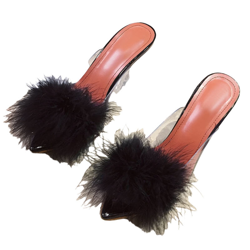 fluffy transparent PVC slippers with spike heels and pointed toe design for resort parties