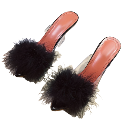 fluffy transparent PVC slippers with spike heels and pointed toe design for resort parties