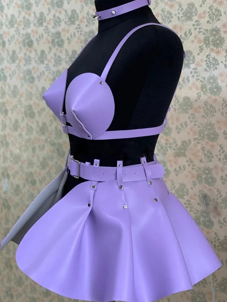 Women's Pu Leather Strap Bra Space Costume Singer Cosplay Space Suspenders Gothic Ruffle Suspenders Holographic Leather Outfit