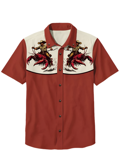 Retro men's denim Hawaiian shirt with 3D ethnic academy casual short sleeved lapel button Y2K streetwear design for resort entertainment