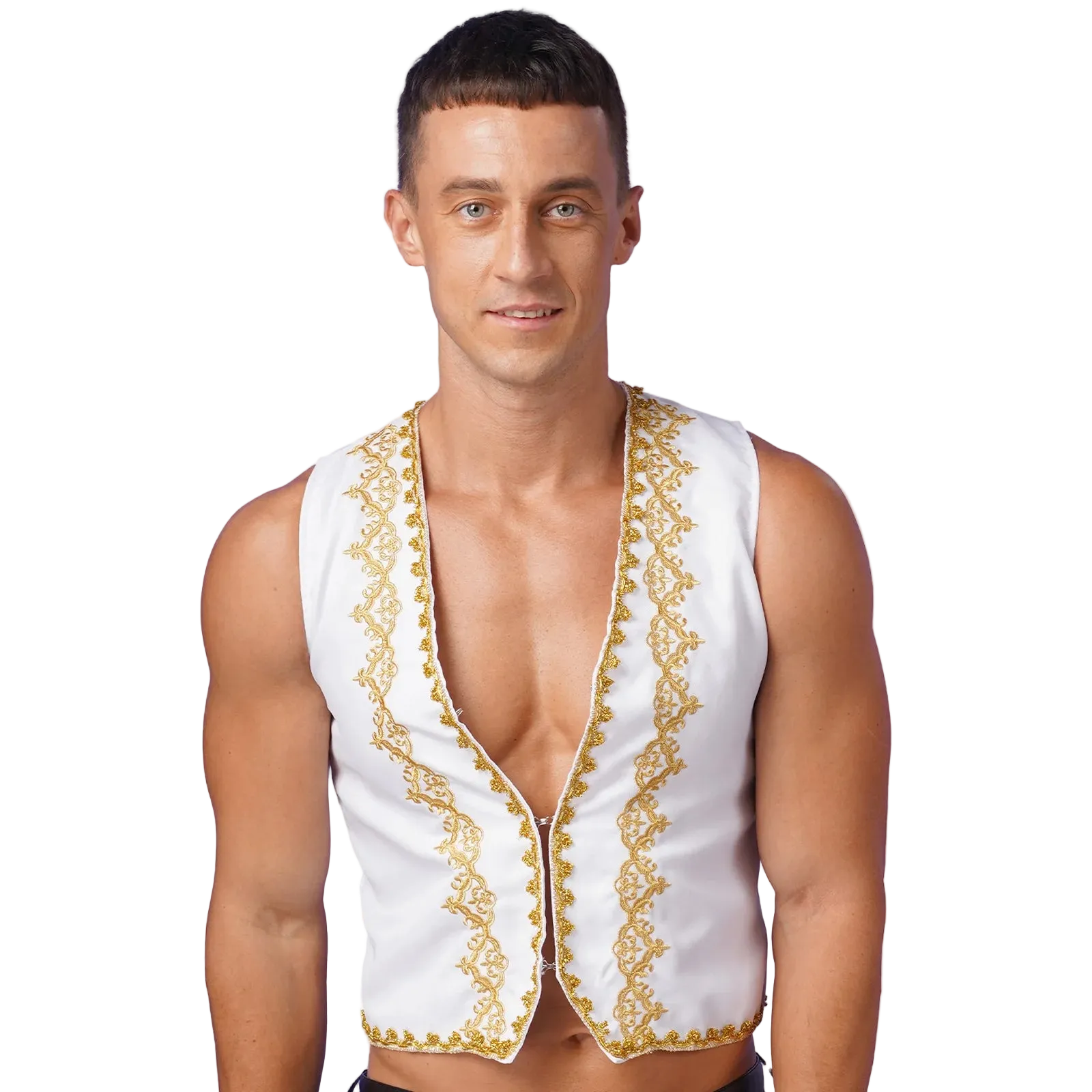 Man wearing a white vest with gold embroidery on a white background