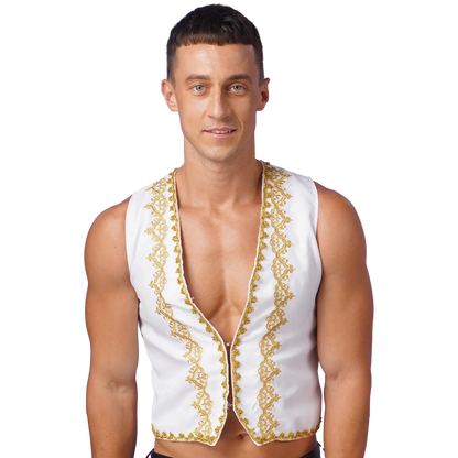Man wearing a white vest with gold embroidery on a white background