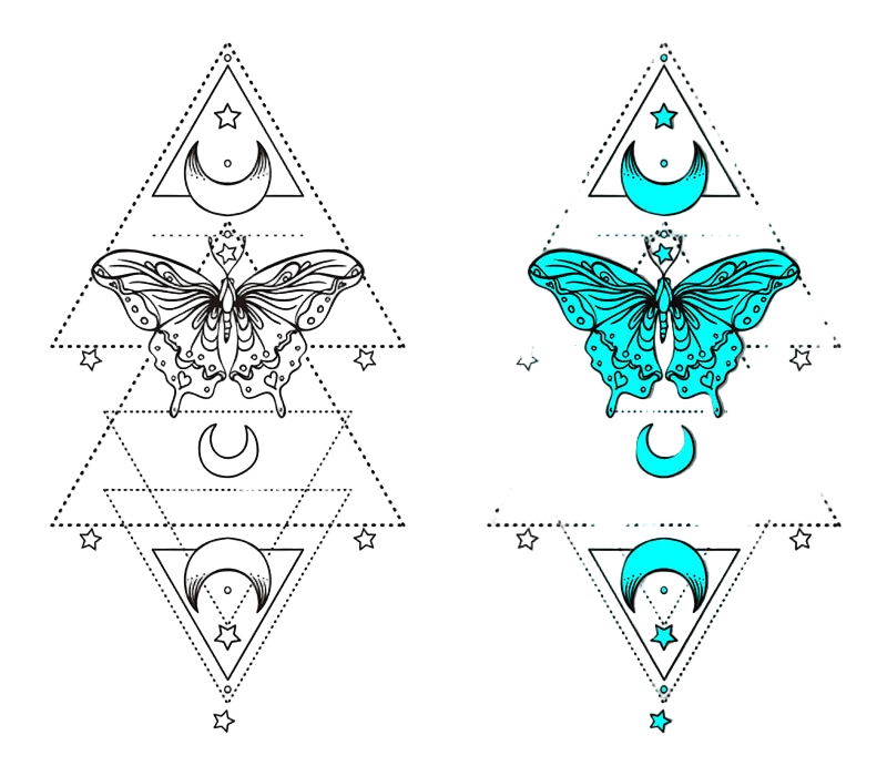 Tattoo design with butterfly, triangles, and celestial symbols on a gray background.