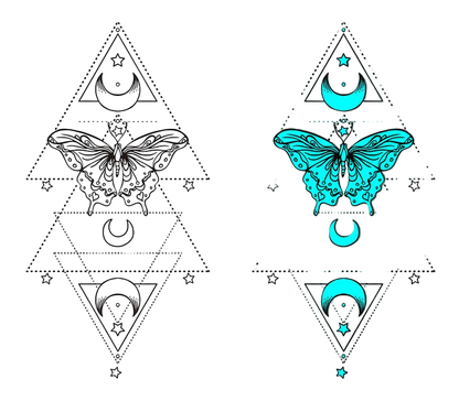 Tattoo design with butterfly, triangles, and celestial symbols on a gray background.