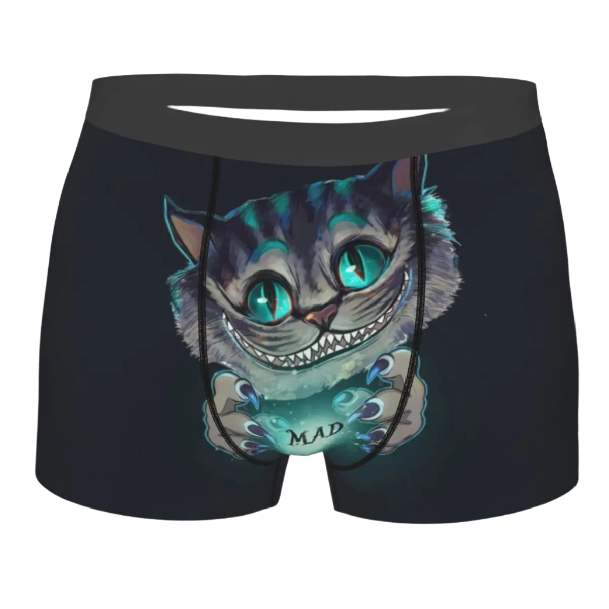 boxer shorts featuring the Cheshire Cat design from Alice in Wonderland, with glowing turquoise eyes and distinctive grinning teeth illuminated against a dark background.