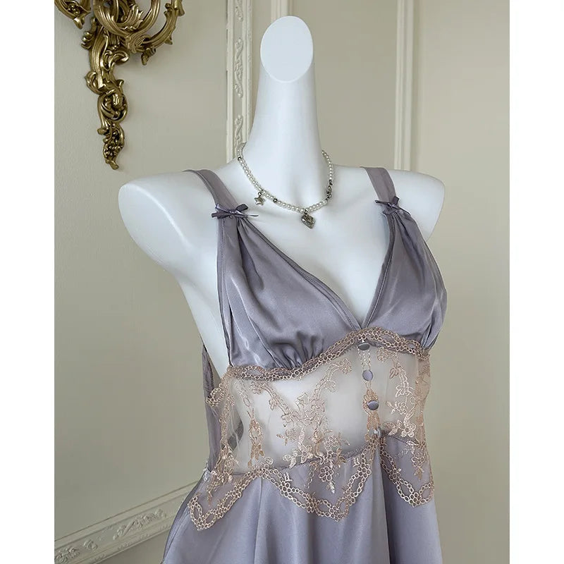 Sexy Women Lingerie Nightgown Chemise Sleepwear Patchwork Hollow Out Lace Nightdress Homeweae Summer Ice Silk Nightie Loungewear