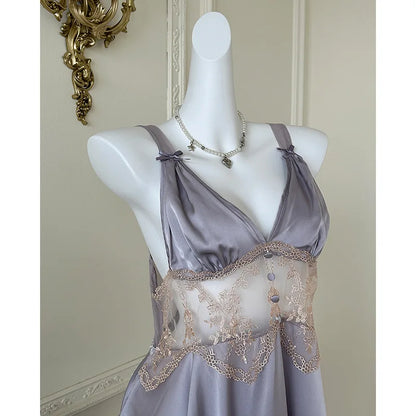Sexy Women Lingerie Nightgown Chemise Sleepwear Patchwork Hollow Out Lace Nightdress Homeweae Summer Ice Silk Nightie Loungewear