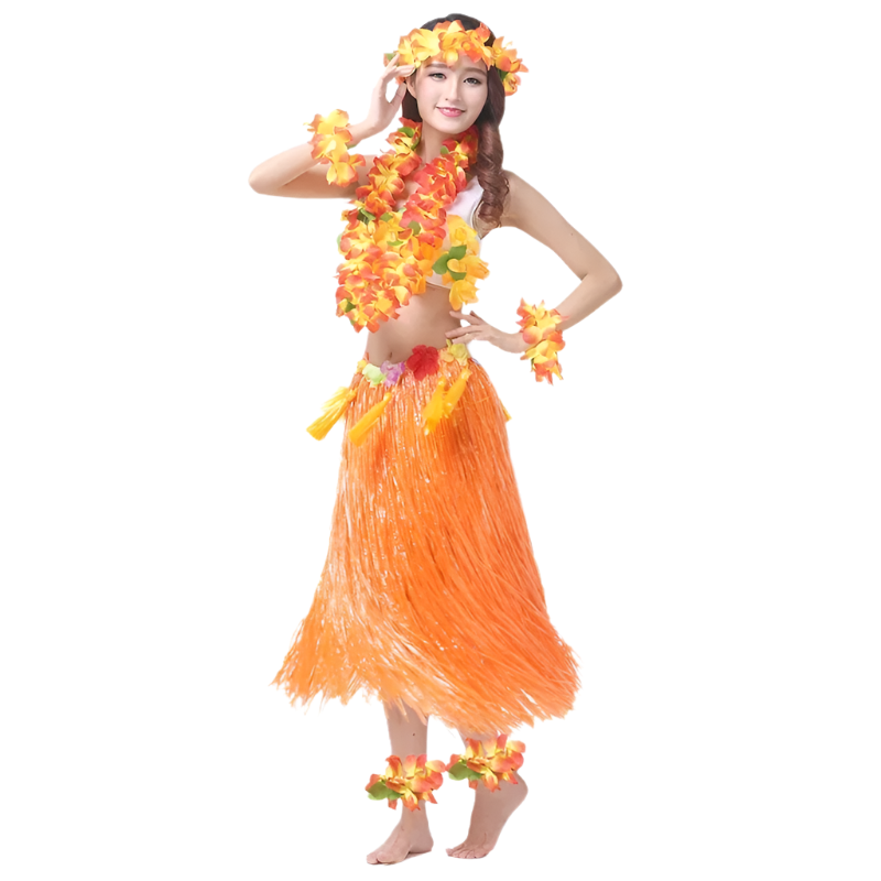 colorful hula outfits. Each ensemble includes a vibrant floral top, matching lei, and a grass skirt in pink, yellow, red, and blue, with floral headpieces and bracelets.