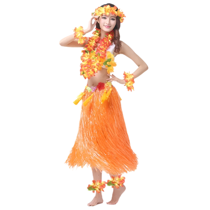 colorful hula outfits. Each ensemble includes a vibrant floral top, matching lei, and a grass skirt in pink, yellow, red, and blue, with floral headpieces and bracelets.