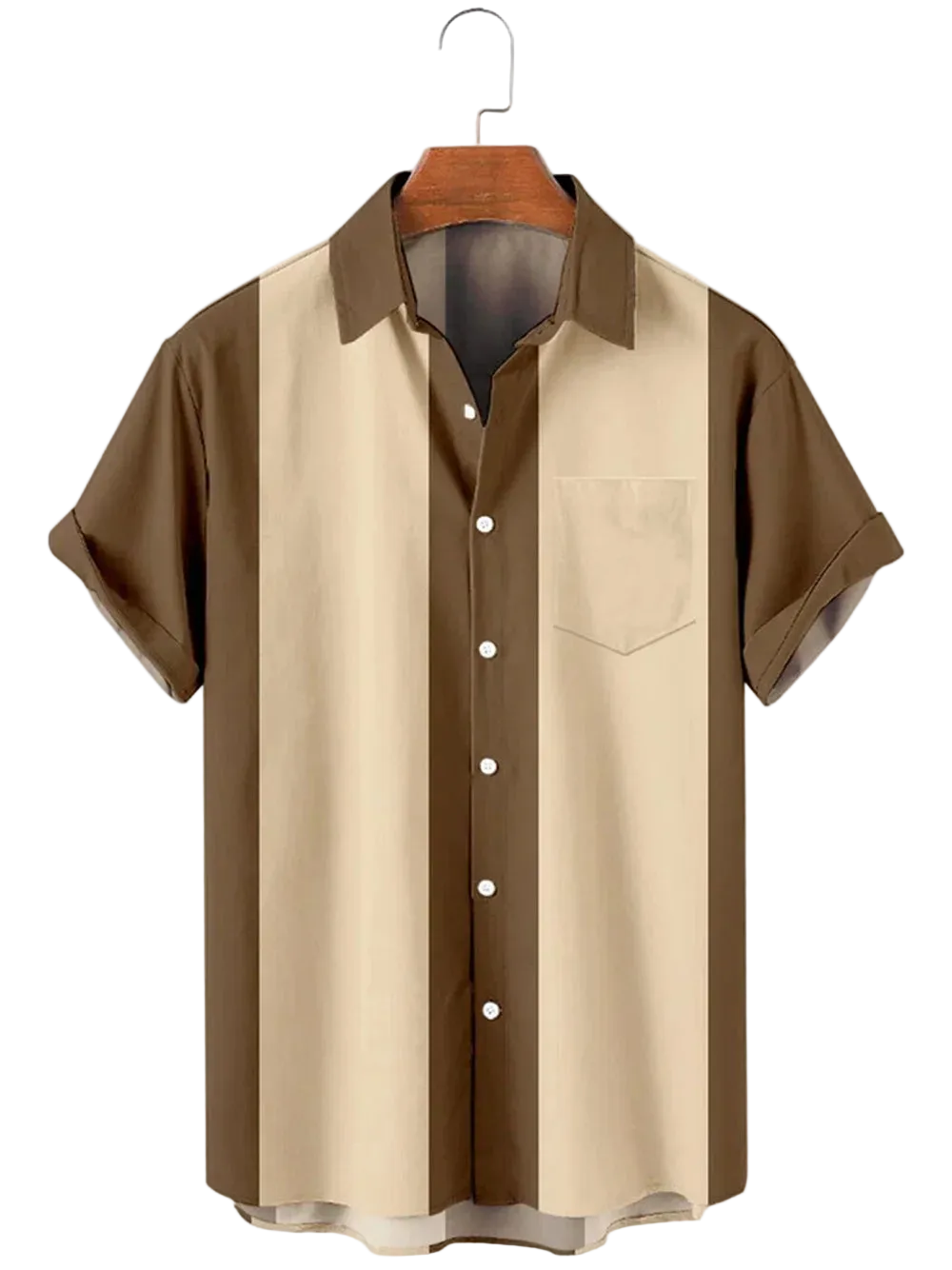 Two-tone brown and beige shirt on a hanger against a white background