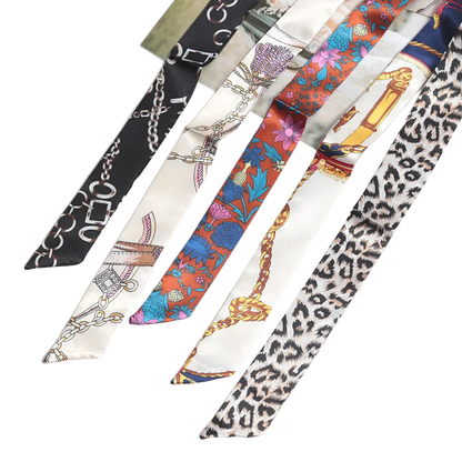 Collection of patterned scarves on a white background