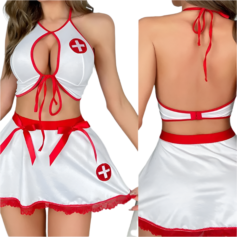 Milk Silk Deep V Nurse Uniform - Alluring Hollow Bow Design