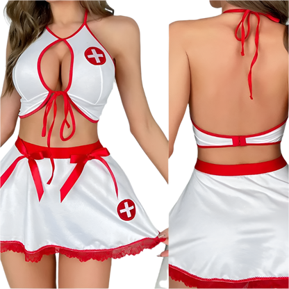 Milk Silk Deep V Nurse Uniform - Alluring Hollow Bow Design