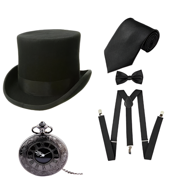 5-piece men's Gatsby accessories set featuring Fedora hat, suspenders, armbands and bow tie for resort theme nights

