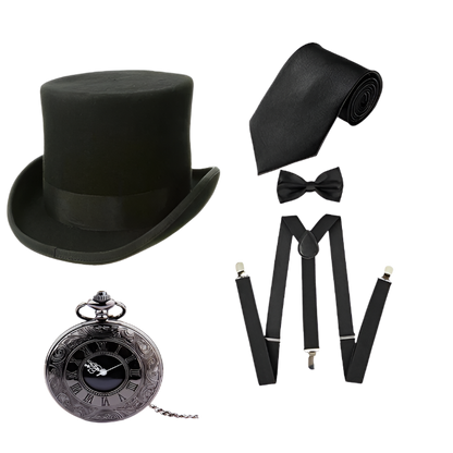 5-piece men's Gatsby accessories set featuring Fedora hat, suspenders, armbands and bow tie for resort theme nights

