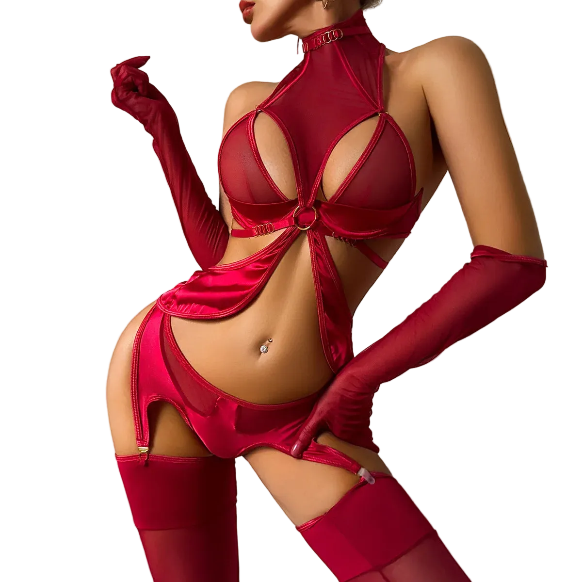 A model wearing a revealing red strappy bodysuit with matching long gloves and thigh-high stockings, posed against a plain light background.