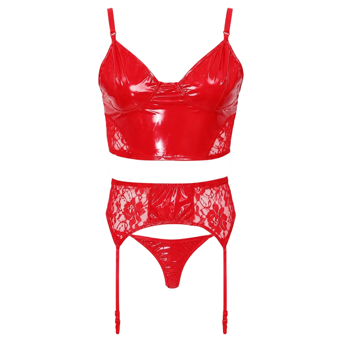 A two-piece red lingerie set featuring a glossy patent leather bralette with lace cups and a matching lace garter belt with a red thong, displayed on a solid white background.