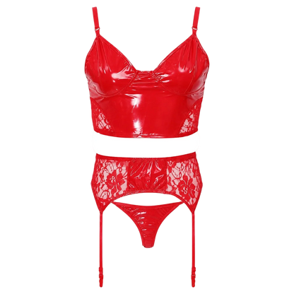 A two-piece red lingerie set featuring a glossy patent leather bralette with lace cups and a matching lace garter belt with a red thong, displayed on a solid white background.