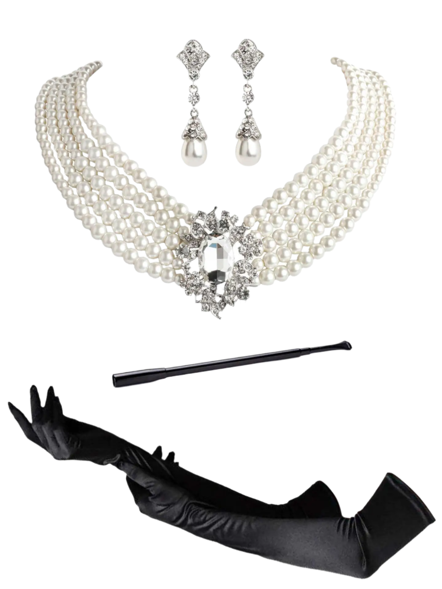 Complete Audrey Hepburn inspired accessory set with pearl necklace, earrings, gloves and cigarette holder for resort theme nights

