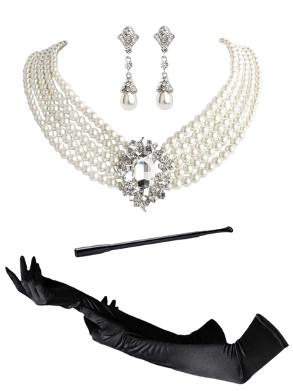 Complete Audrey Hepburn inspired accessory set with pearl necklace, earrings, gloves and cigarette holder for resort theme nights

