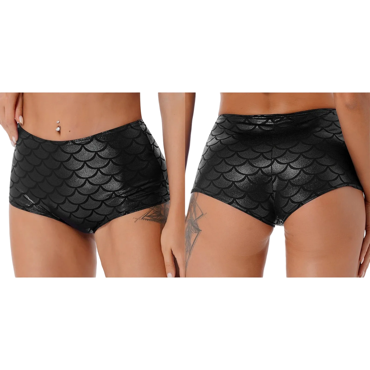 Black high-waisted swim briefs with a glossy fish-scale pattern, shown from both front and back on a model against a white background.