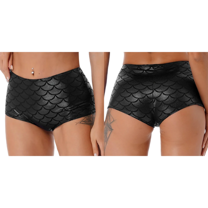 Black high-waisted swim briefs with a glossy fish-scale pattern, shown from both front and back on a model against a white background.
