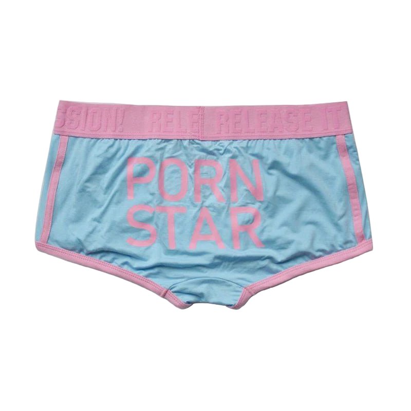 Light blue underwear with pink trim and 'Porn Star' text on a white background