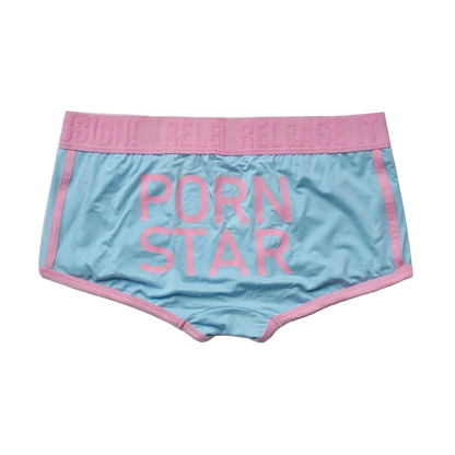 Light blue underwear with pink trim and 'Porn Star' text on a white background