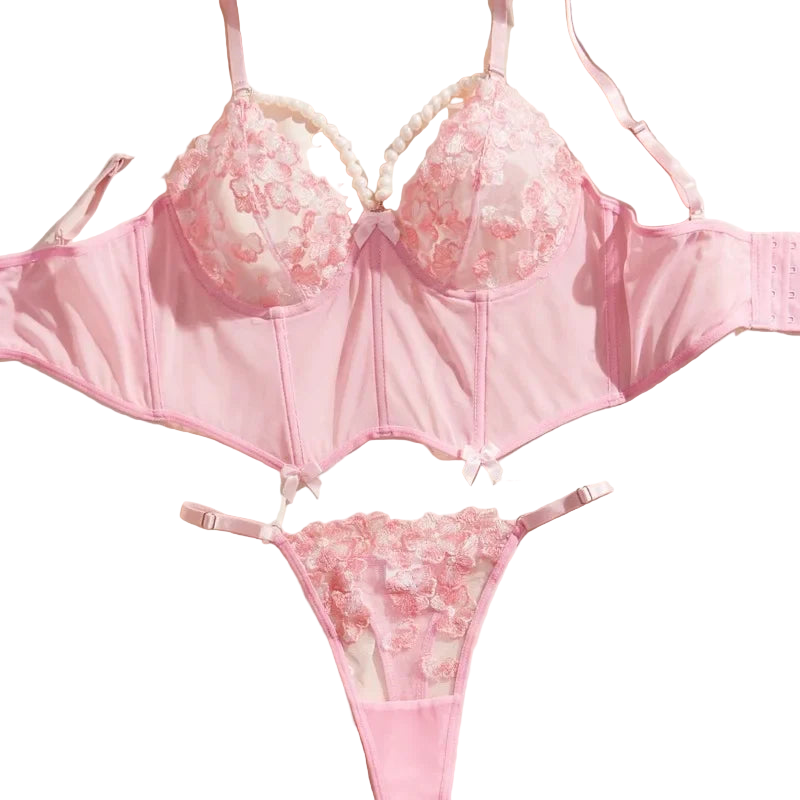 Pink lingerie set with floral details on a light background