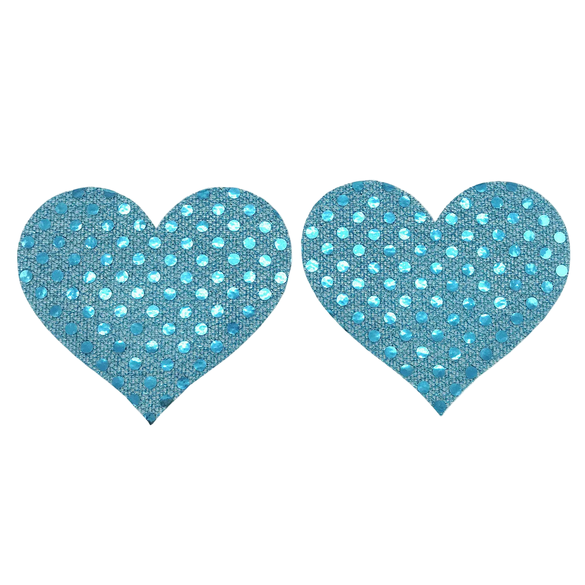 Pair of blue heart-shaped pasties with glittery texture on a white background