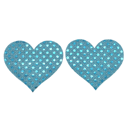 Pair of blue heart-shaped pasties with glittery texture on a white background