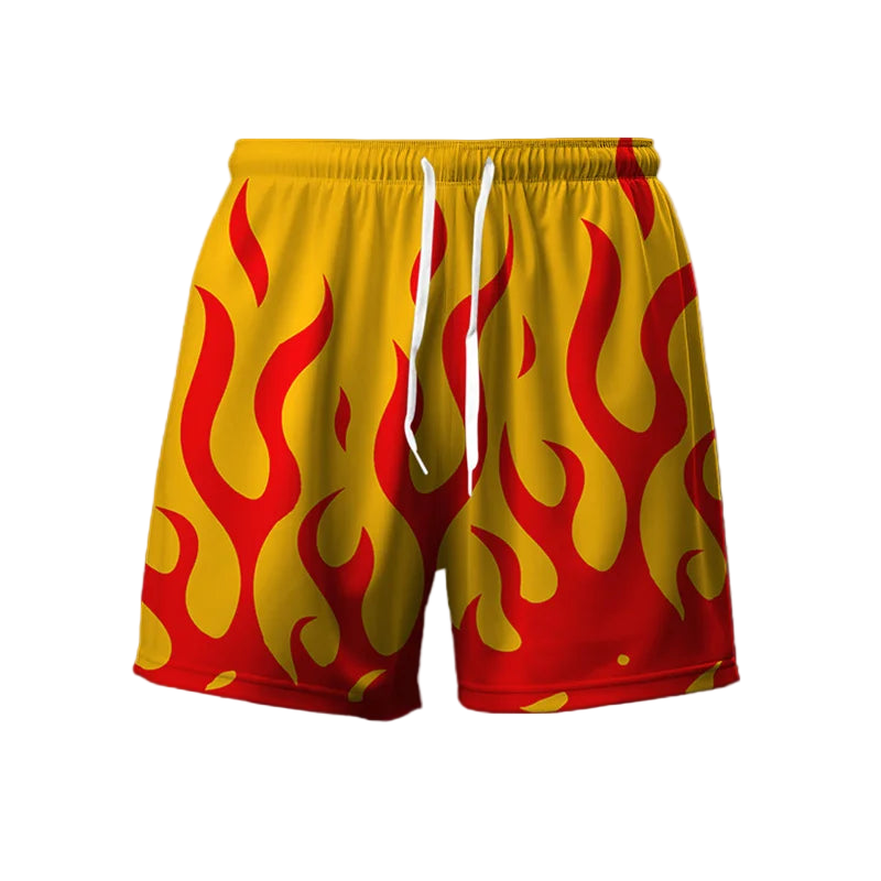 Yellow and red flame-patterned shorts on a gradient background