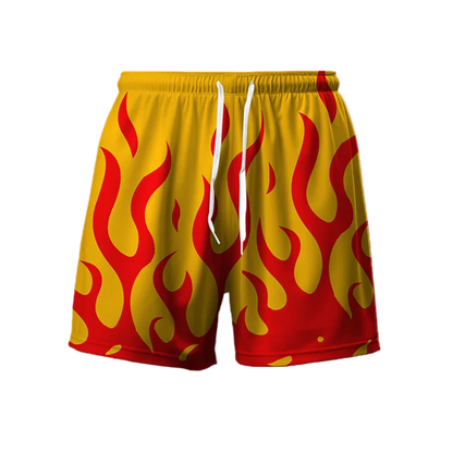 Yellow and red flame-patterned shorts on a gradient background