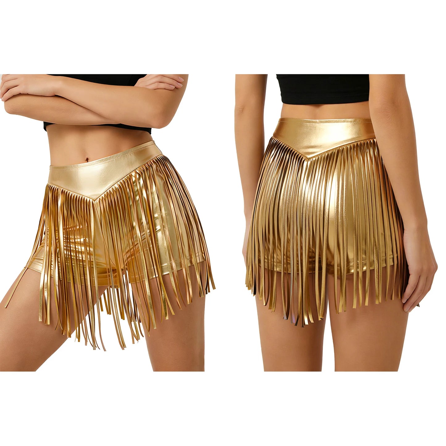 Women Iridescent Metallic Hot Pants with Fringed High Waist Tassel Skirted Shorts Cheeky Shorts Stage Dance Jazz Rock Clubwear
