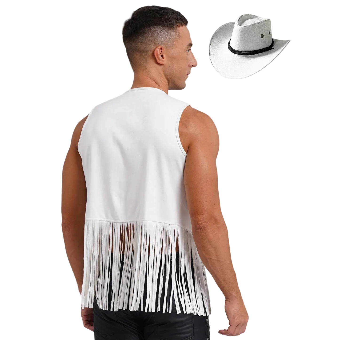 A man shown from the back wearing a white sleeveless fringed vest, with a matching white cowboy hat and white neck scarf displayed to the right on a plain white background.